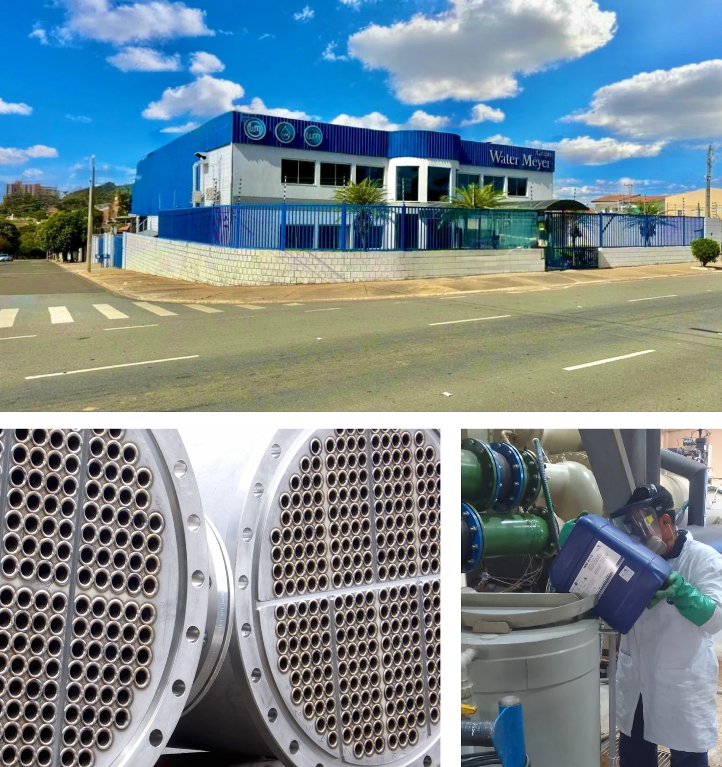 Sede da Water Meyer em Hortolândia, feixe tubular de trocador de calor aberto e técnico manuseando produto químico com equipamento de proteção